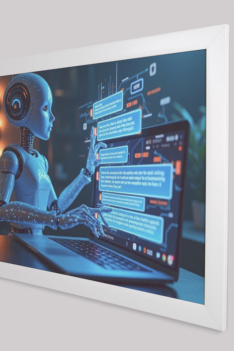 A futuristic AI robot chatting on a laptop with a digital interface